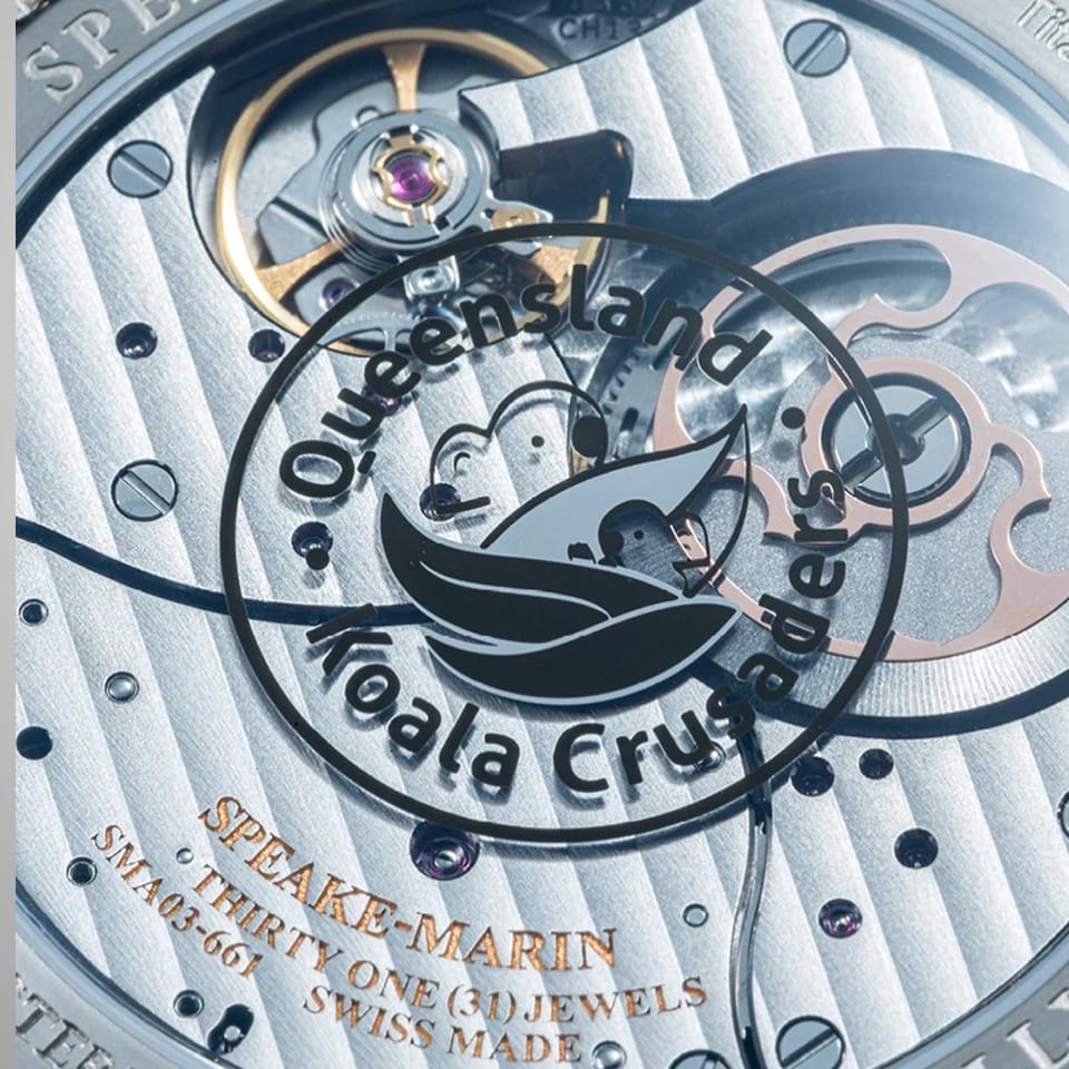 Sapphire case back of the Speake Marin Art Series Koala Automatic 42mm Watch 414217420, revealing the in-house SMA03 self-winding calibre. The micro-rotor at 9 o'clock powers the movement with a 52-hour power reserve.