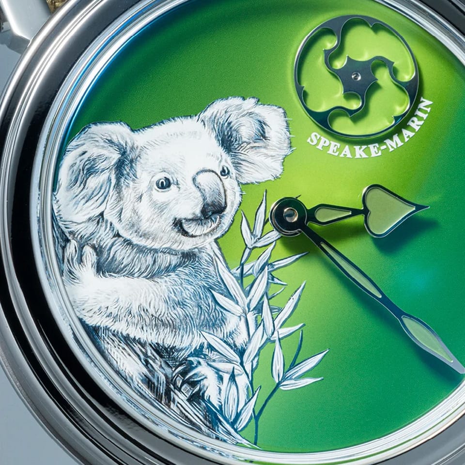 Close up of the Speake Marin Art Series Koala Automatic 42mm Watch 414217420 dial, showing the hand micro-painted green lacquer graduating from light to deep green. Central hours and minutes sit alongside the signature Speake Marin small seconds at 1:30.