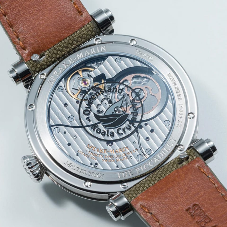 Sapphire case back of the Speake Marin Art Series Koala Automatic 42mm Watch 414217420, revealing the in-house SMA03 self-winding calibre. The micro-rotor at 9 o'clock powers the movement with a 52-hour power reserve.