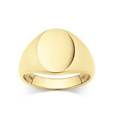 Oval Signet Ring in 18ct yellow gold from Hardy Brothers Jewellers, shown front-on with its bold, oval face.