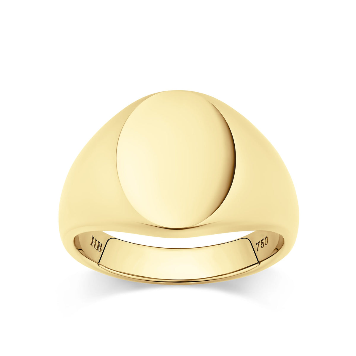 Oval Signet Ring in 18ct yellow gold from Hardy Brothers Jewellers, shown front-on with its bold, oval face.