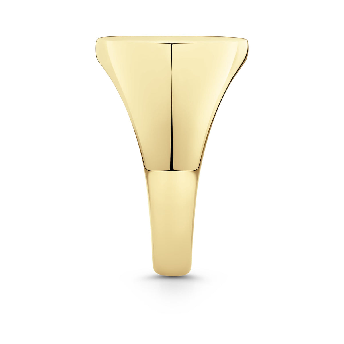 Side view of the Oval Signet Ring in 18ct yellow gold by Hardy Brothers, highlighting the polished shoulders and band.