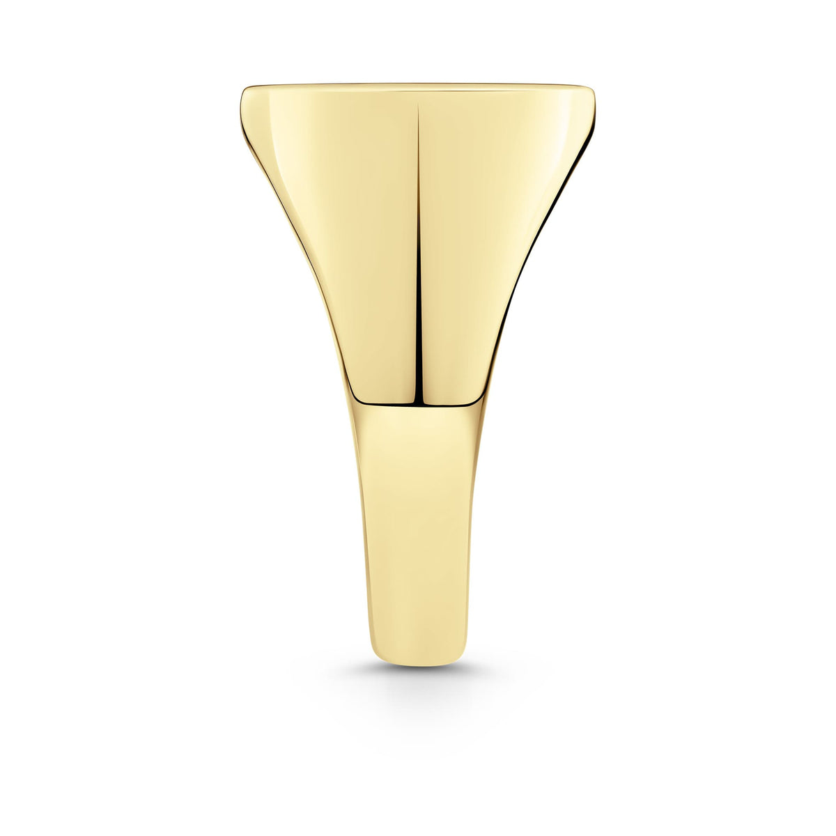 Side view of the Square Signet Ring in 18ct yellow gold by Hardy Brothers, highlighting the polished shoulders and band.