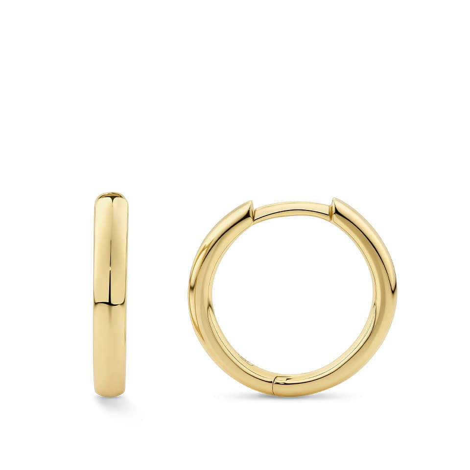 Quintessential Hoop Earrings in 18ct yellow gold from Hardy Brothers Jewellers, shown side-on to highlight the rounded hoop profile.