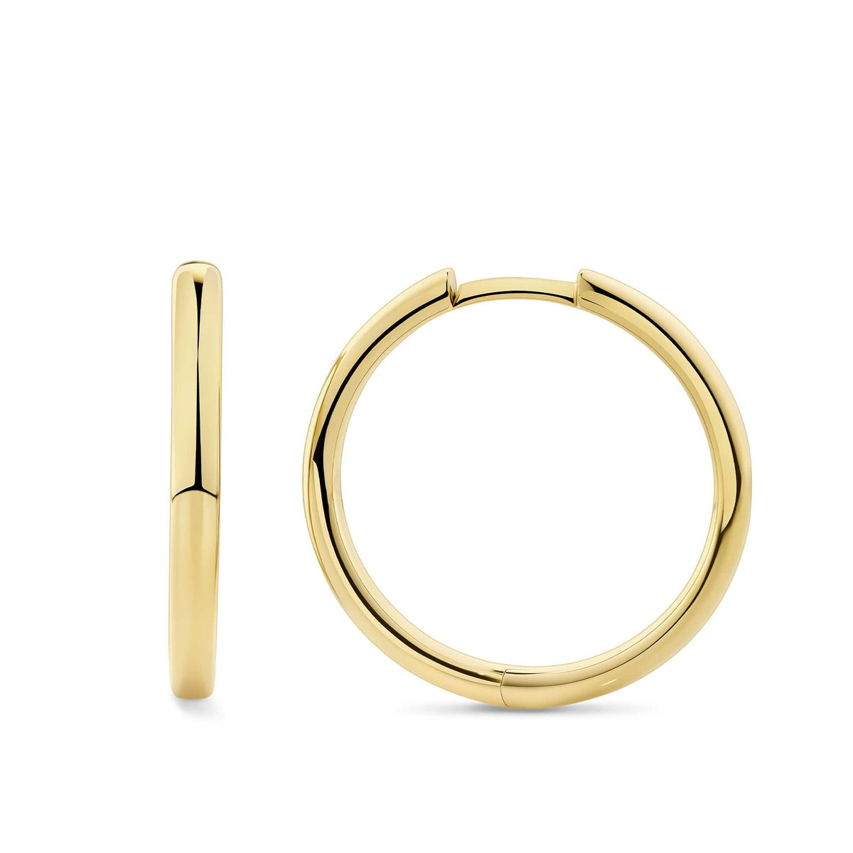 Quintessential Hoop Earrings in 18ct yellow gold from Hardy Brothers Jewellers, shown side-on to highlight the rounded hoop profile.
