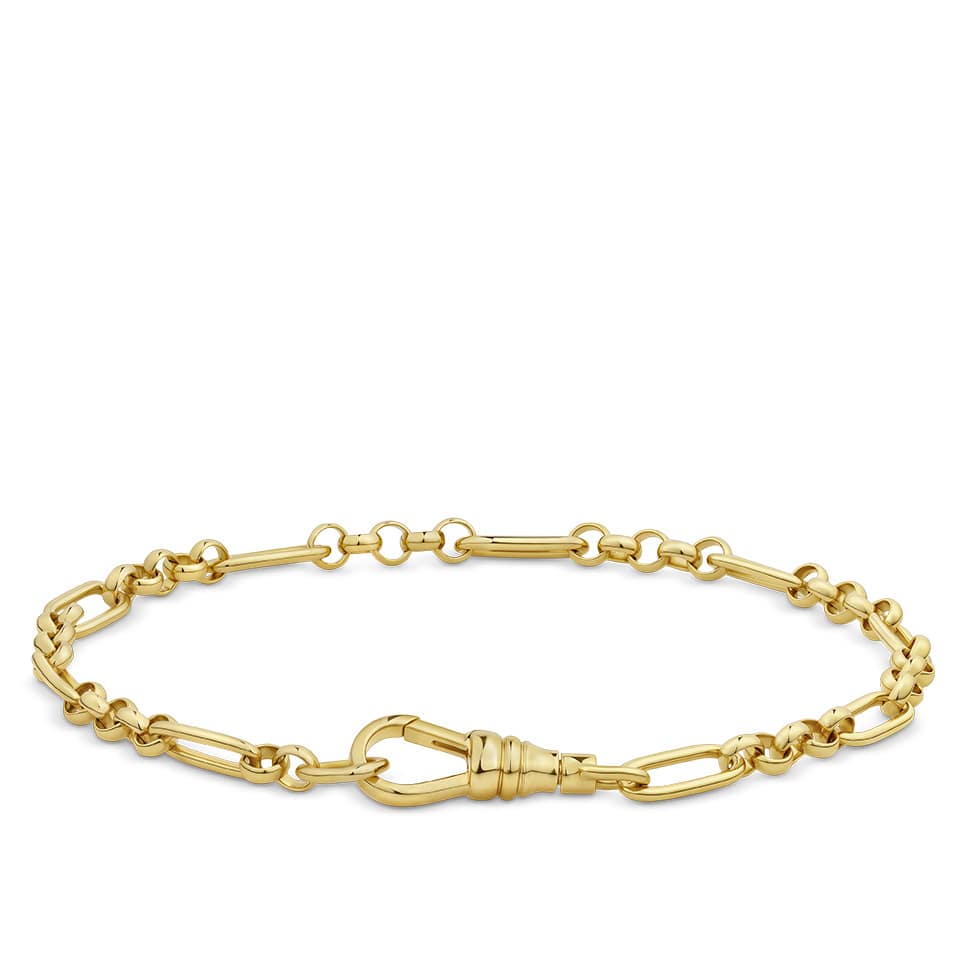 Trombone Link Bracelet with Swivel in 18ct yellow gold from Hardy Brothers Jewellers, shown in full length with its swivel clasp.