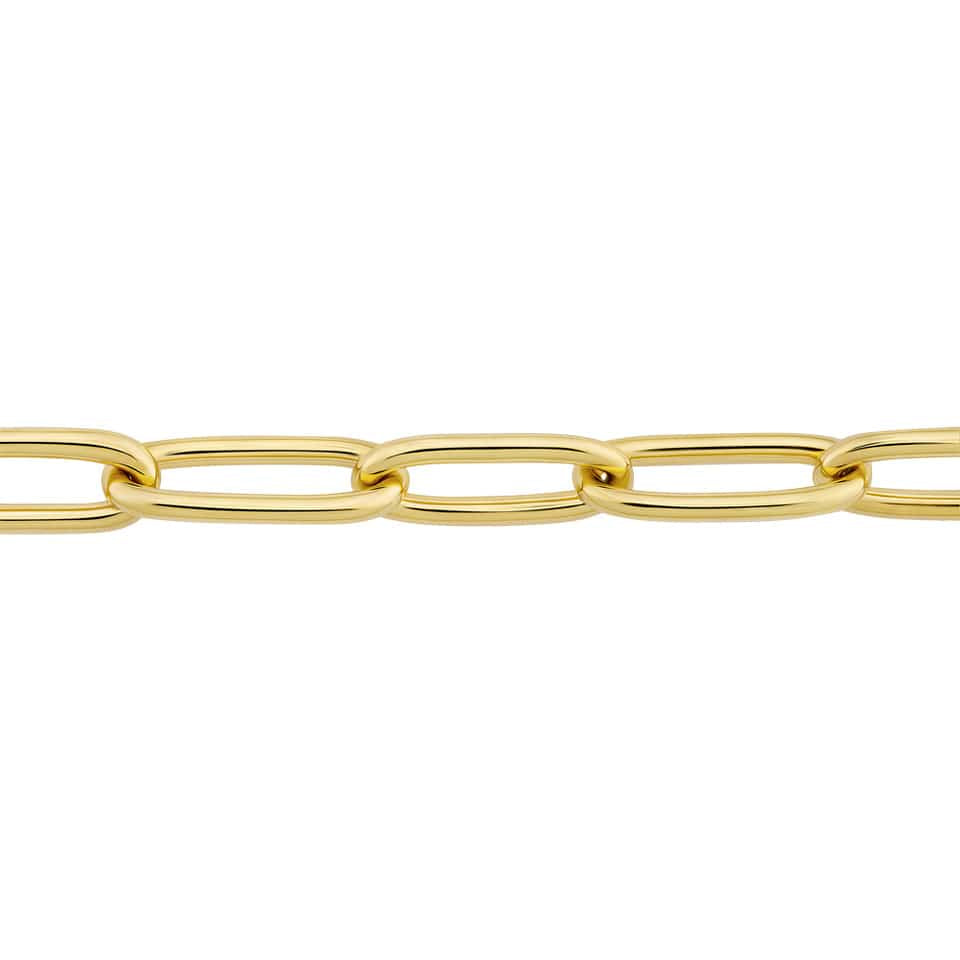 Close-up detail of the Paperclip Bracelet in 18ct yellow gold by Hardy Brothers, highlighting the polished, elongated paperclip links.