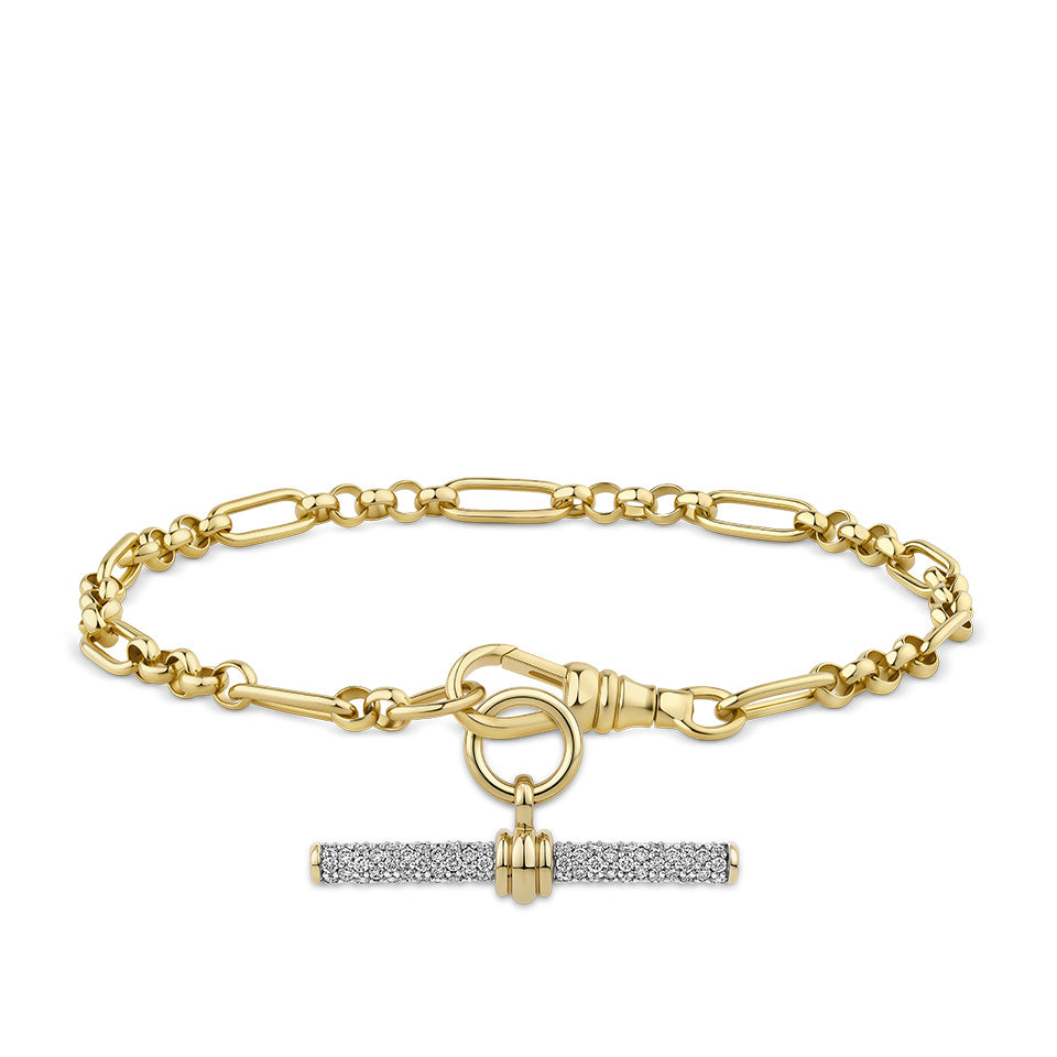 Trombone Link Bracelet with Swivel in 18ct yellow gold from Hardy Brothers Jewellers, styled with a T-bar pendant (sold separately) hanging below the bracelet.