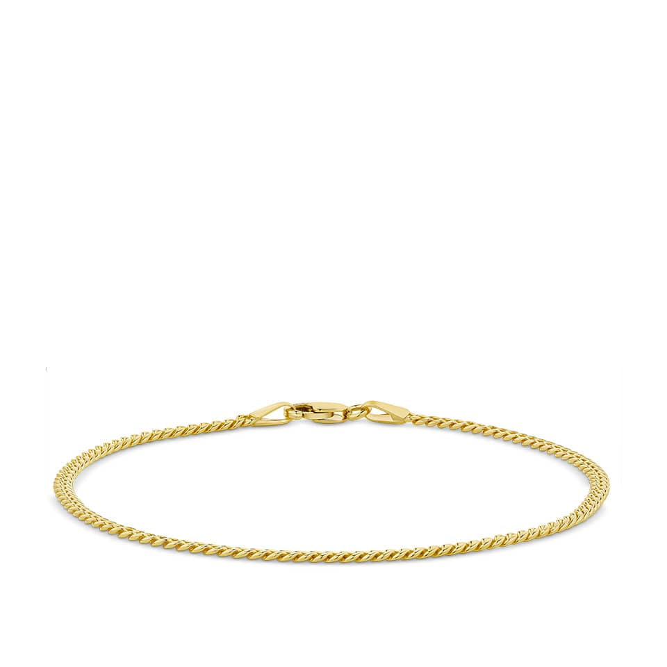 Miami Link Bracelet in 18ct yellow gold from Hardy Brothers Jewellers, shown in full length with its fine, interlocked links.