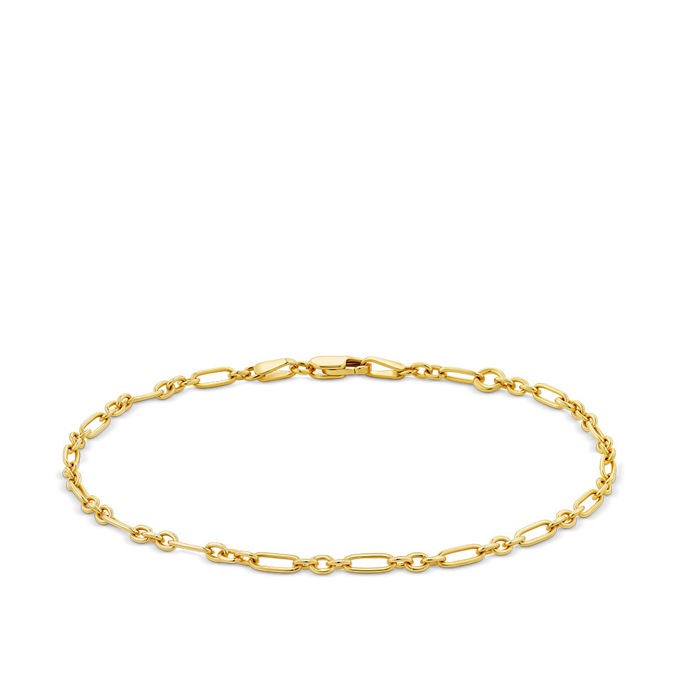 Trombone Link Bracelet in 18ct yellow gold from Hardy Brothers Jewellers, shown in full length with its fine, tightly linked design.