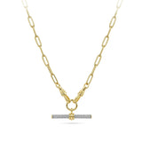 Front-on view of the Hardy Brothers 0.89 Carat TW Diamond T-Bar Pendant in 18ct Yellow Gold, reference 9NTBARB, shown hanging at the end of a long yellow gold link chain worn as a drop necklace (chain sold separately). The 32mm pendant features 116 pavé-set round brilliant natural diamonds across a classic T-bar design.