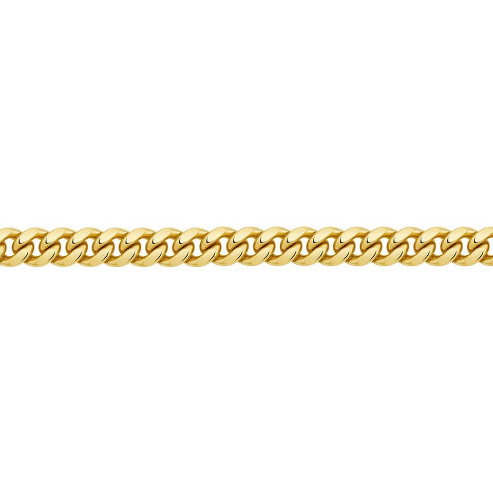 Close-up detail of the Miami Link Chain in 18ct yellow gold by Hardy Brothers, highlighting the polished, interlocked link design. 4FLACM04