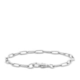 Paperclip Bracelet in sterling silver from Hardy Brothers Jewellers, shown fastened in a loop to display the swivel clasp and the shape of the bracelet.