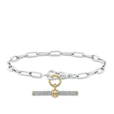 Paperclip Bracelet in sterling silver from Hardy Brothers Jewellers, shown from an alternate angle with a 9ct yellow gold T-bar pendant (sold separately), creating a two-tone look.