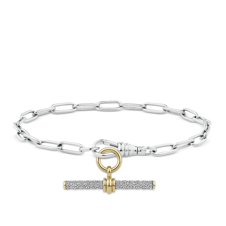 Paperclip Bracelet in sterling silver from Hardy Brothers Jewellers, shown from an alternate angle with a 9ct yellow gold T-bar pendant (sold separately), creating a two-tone look.