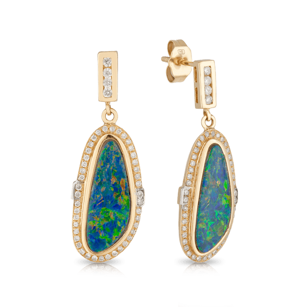 Opal and Diamond Bezel Set Earrings in 14ct Yellow Gold
