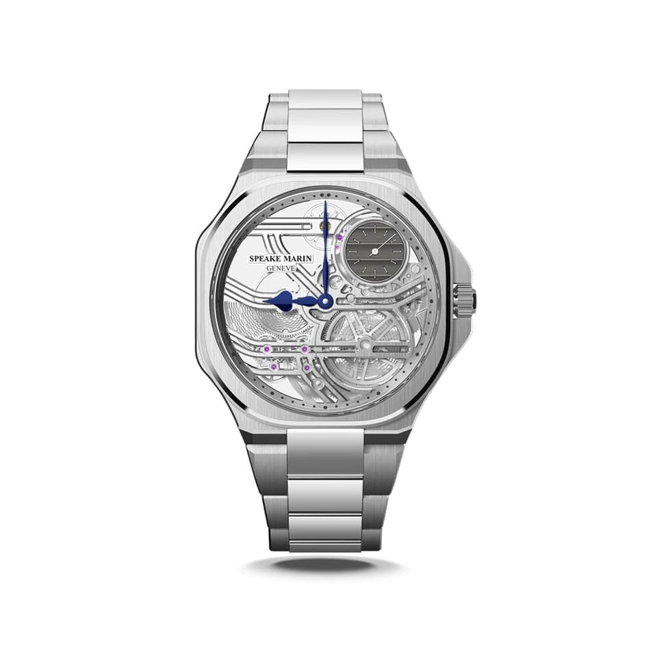 Speake Marin Ripples Skeleton Automatic 40.30mm Watch 604020150 shown front on, with its openworked skeleton dial revealing the in-house SMA07 movement. The 904L stainless steel case features a rounded square bezel and an integrated three-row steel bracelet.
