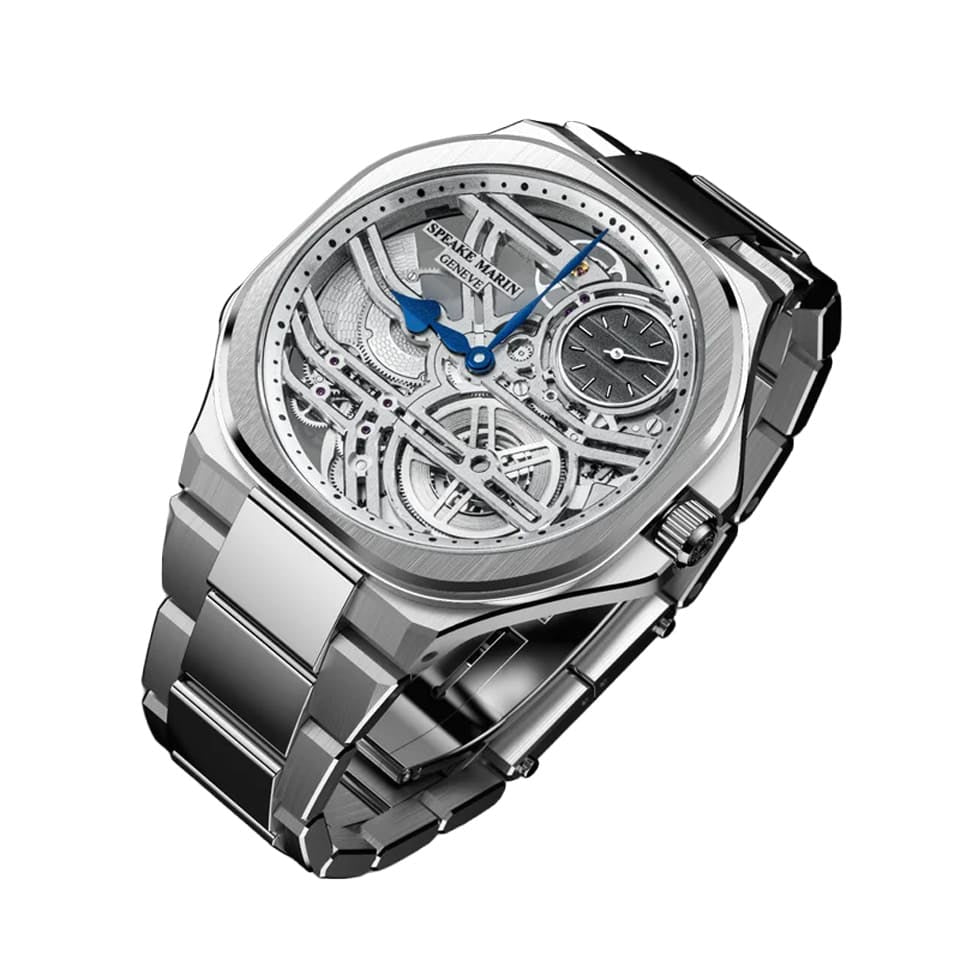 Speake Marin Ripples Skeleton Automatic 40.30mm Watch 604020150 styled in a refined luxury setting, its openworked dial and polished steel catching the light. This ultra-thin independent Swiss timepiece pairs high-frequency watchmaking with an integrated 904L steel bracelet.