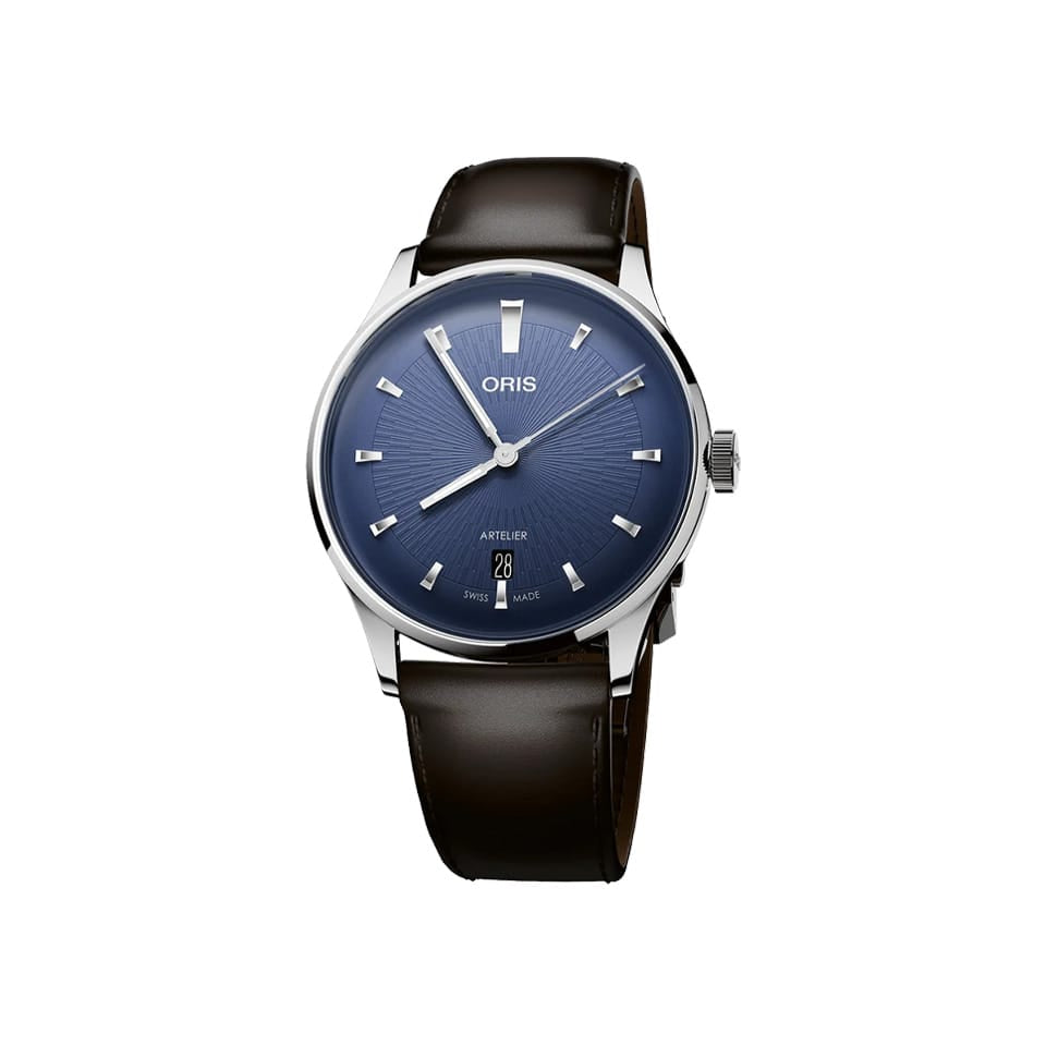 Oris Artelier Date Automatic 38mm Watch 01 733 7810 4055-07 6 20 17FC — The blue dial features clean, uncluttered lines with applied baton hour markers and a date window for easy legibility.