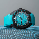 DOXA SUB 300 Carbon Aquamarine Chronometer 42.50mm Watch 822.70.241.25 - shot from the side showing the black bezel and blue rubber band
