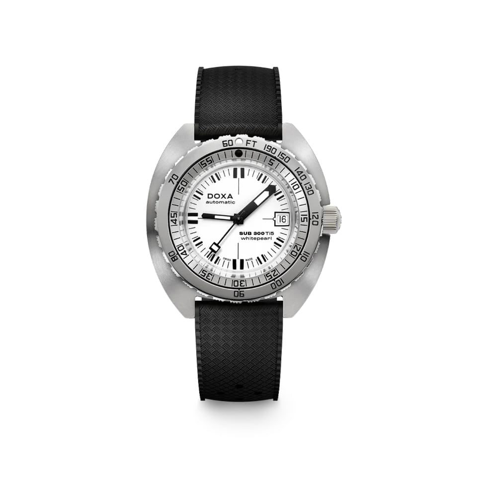 DOXA SUB 300 Ti5 Whitepearl 42.5mm Watch (Ref. 823.50.011.20) — front view showing white pearl dial, dual-scale unidirectional rotating bezel, date window at 3 o'clock, Super-LumiNova indices and hands, grade 5 titanium case, and black rubber strap