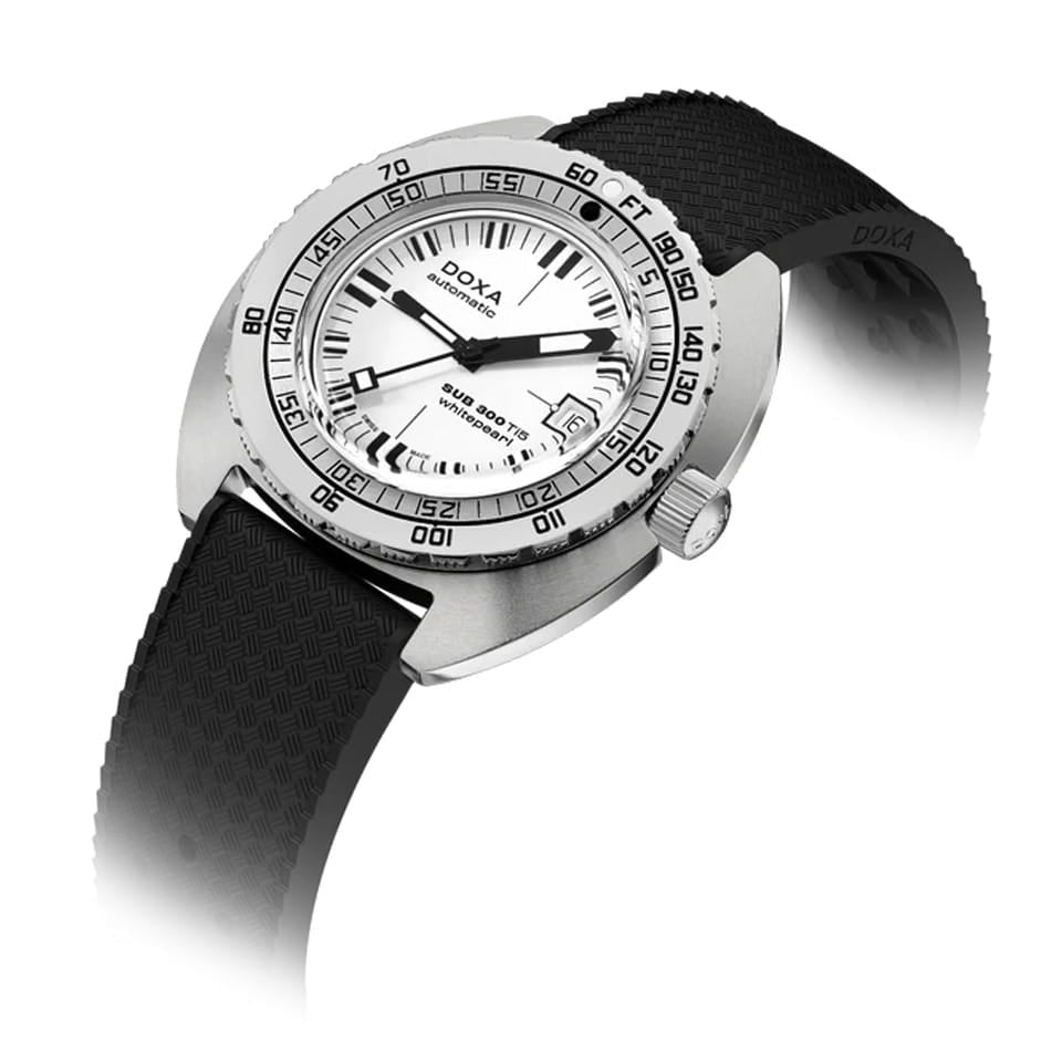 DOXA SUB 300 Ti5 Whitepearl 42.5mm Automatic Dive Watch in grade 5 titanium with white pearl dial on black rubber strap, reference 823.50.011.20