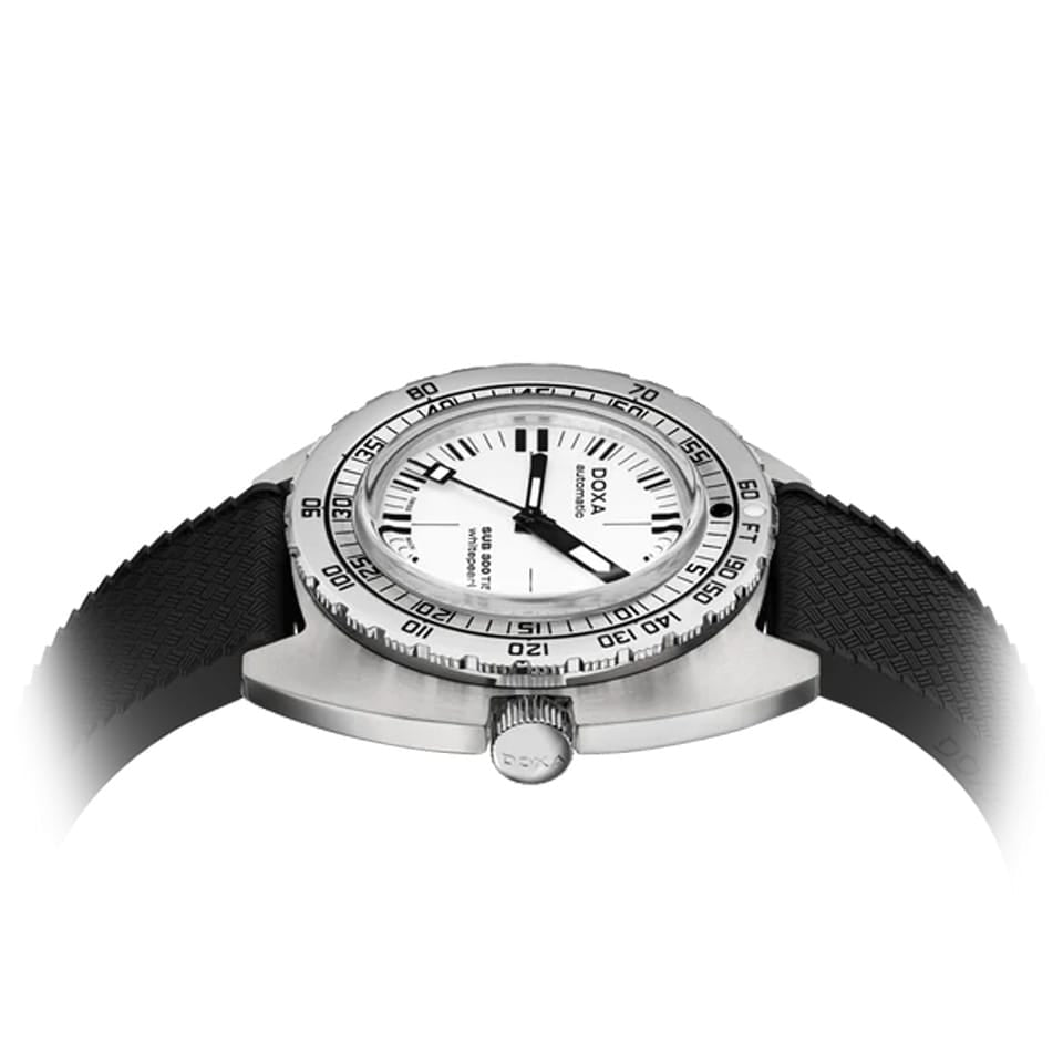 Front view of DOXA SUB 300 Ti5 Whitepearl watch, 42.5mm grade 5 titanium cushion case, white pearl dial with oversized orange minute hand, patented dual-scale dive bezel, screw-down crown, and contrasting black rubber strap with folding clasp — Ref. 823.50.011.20