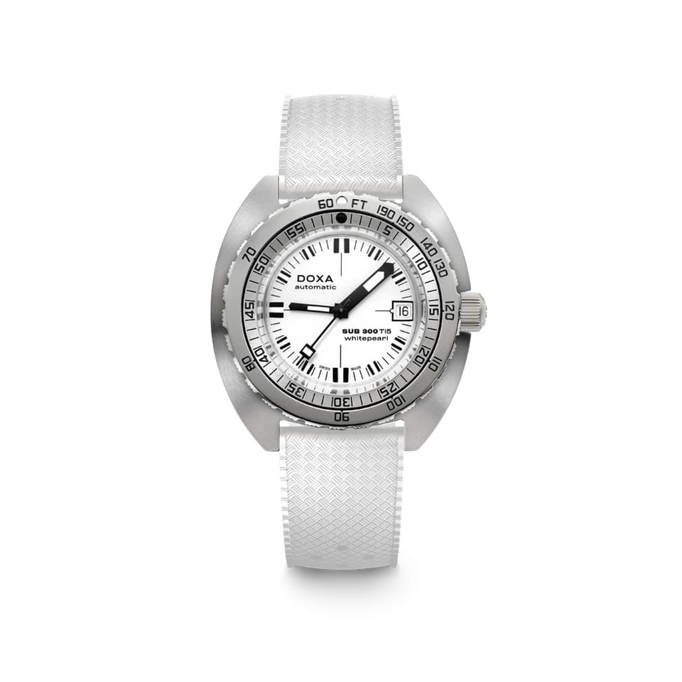 DOXA SUB 300 Ti5 Whitepearl 42.5mm Watch (Ref. 823.50.011.23) — front view showing white pearl dial, dual-scale unidirectional rotating bezel, date window at 3 o'clock, Super-LumiNova indices and hands, grade 5 titanium case, and colour-matched white rubber strap