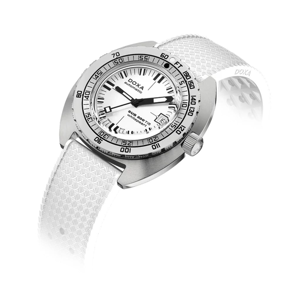 DOXA SUB 300 Ti5 Whitepearl 42.5mm Automatic Dive Watch in grade 5 titanium with white pearl dial on colour-matched white rubber strap, reference 823.50.011.23