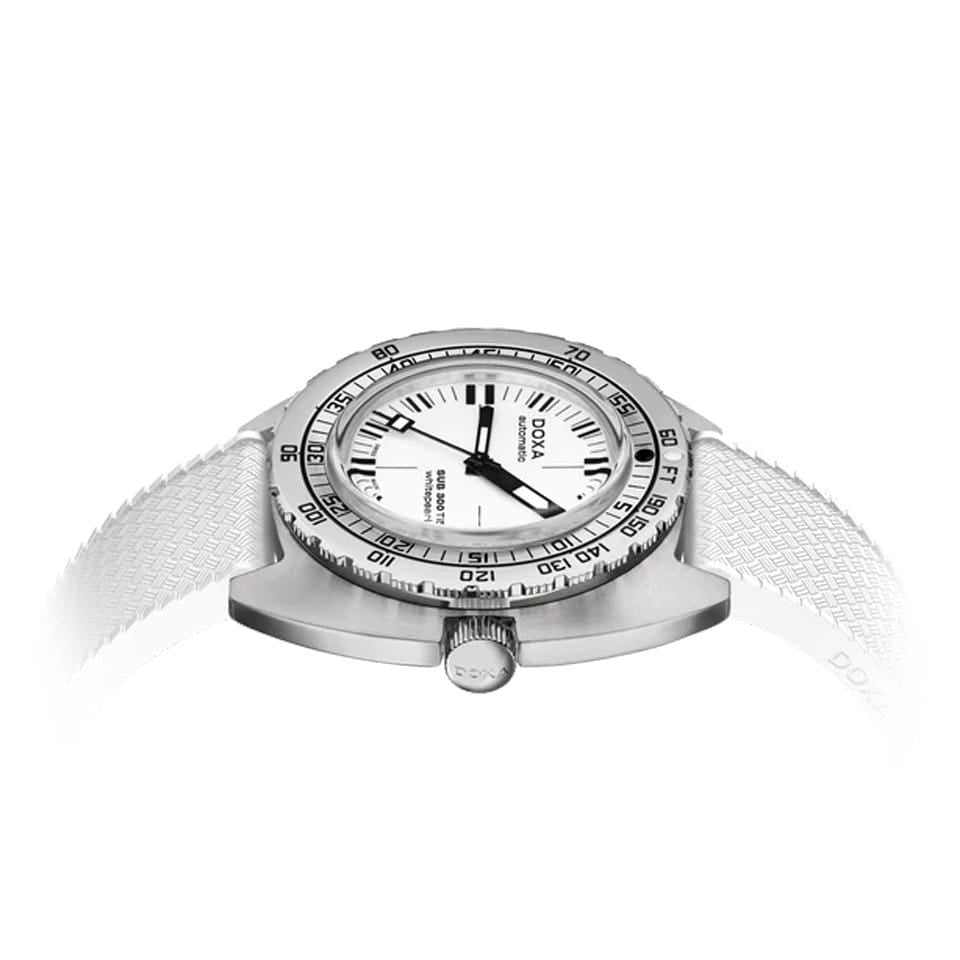 Side profile of DOXA SUB 300 Ti5 Whitepearl 42.5mm watch (Ref. 823.50.011.23) showing 13.4mm grade 5 titanium cushion case, screw-down crown, glass box sapphire crystal, and colour-matched white rubber strap with folding clasp and wetsuit extension