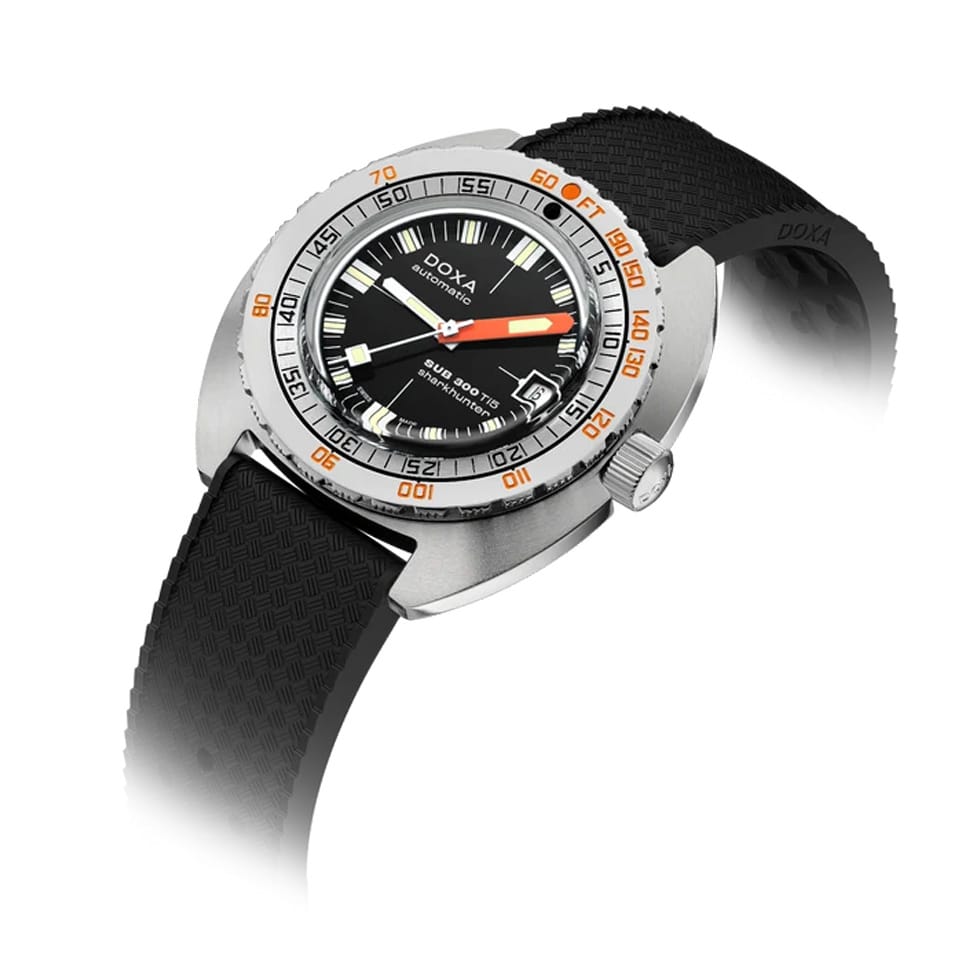 DOXA SUB 300 Ti5 Sharkhunter 42.5mm Automatic Dive Watch in grade 5 titanium with black dial on black rubber strap, reference 823.50.101.20