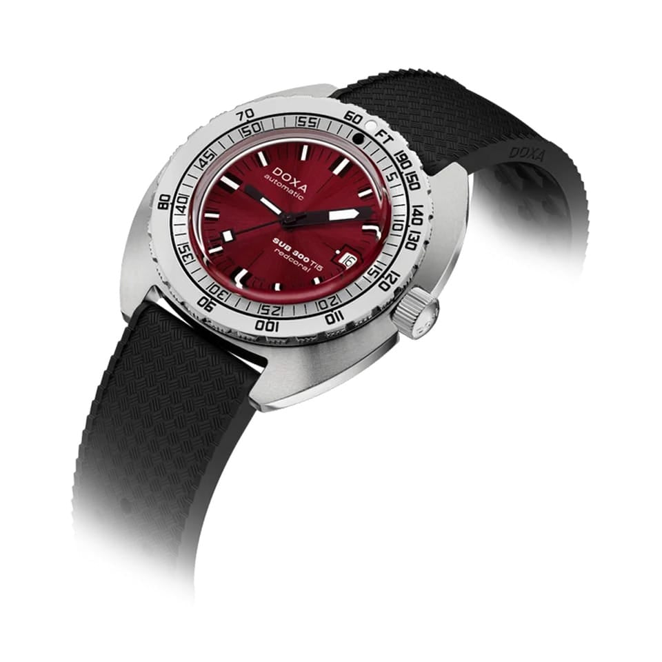 DOXA SUB 300 Ti5 Redcoral 42.5mm Automatic Dive Watch in grade 5 titanium with red coral dial on black rubber strap, reference 823.50.161.20
