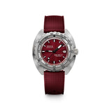 DOXA SUB 300 Ti5 Redcoral 42.5mm Watch (Ref. 823.50.161.22) — front view showing red coral dial, dual-scale unidirectional rotating bezel, date window at 3 o'clock, Super-LumiNova indices and hands, grade 5 titanium case, and colour-matched red rubber strap