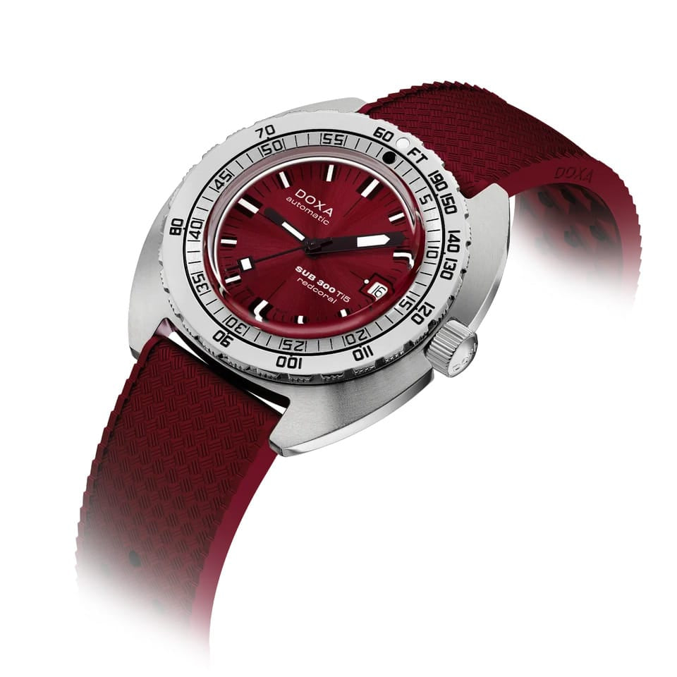 DOXA SUB 300 Ti5 Redcoral 42.5mm Automatic Dive Watch in grade 5 titanium with red coral dial on colour-matched red rubber strap, reference 823.50.161.22