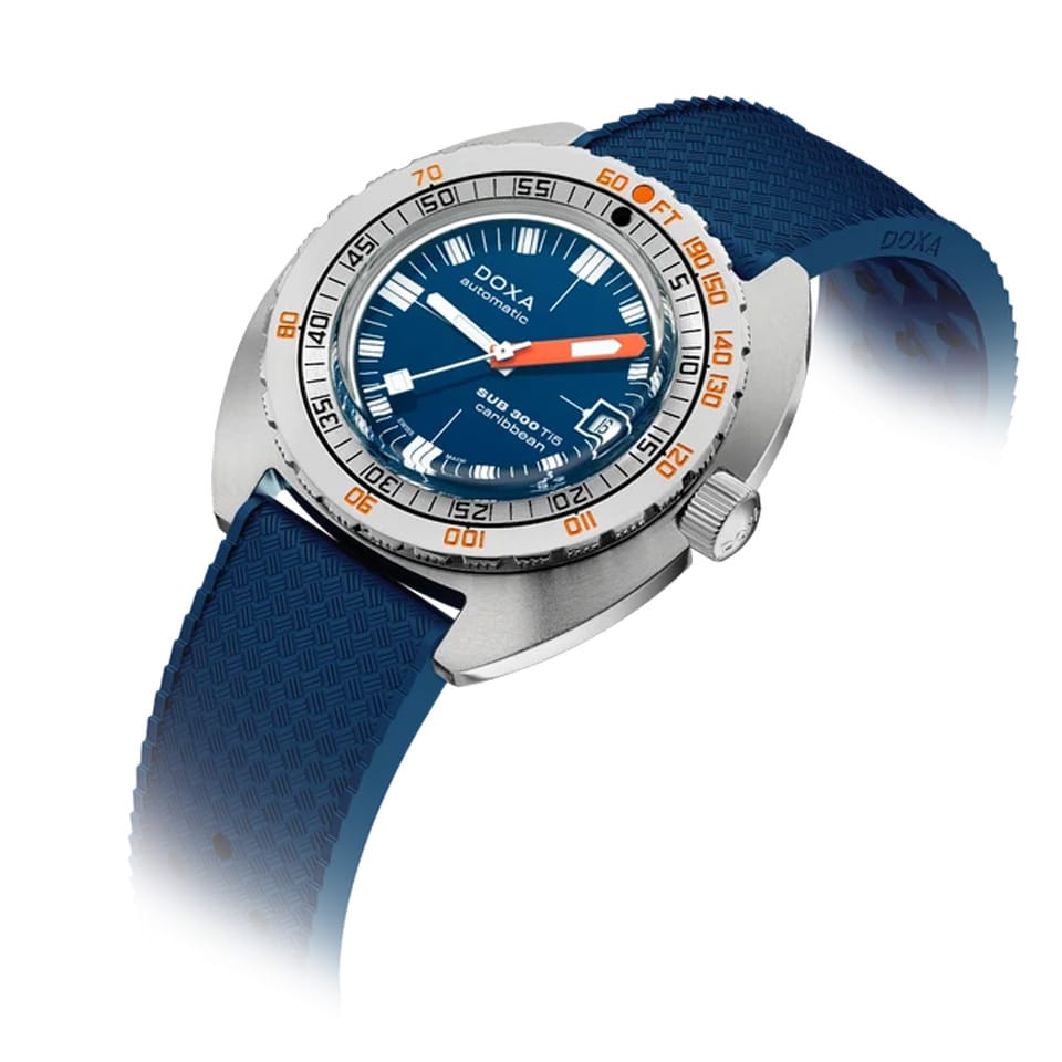 DOXA SUB 300 Ti5 Caribbean 42.5mm Automatic Dive Watch in grade 5 titanium with Caribbean Blue dial on colour-matched blue rubber strap, reference 823.50.201.32