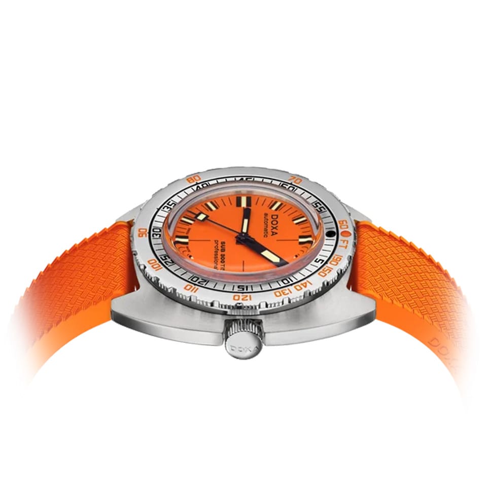 Side profile of DOXA SUB 300 Ti5 Professional 42.5mm watch (Ref. 823.50.351.21) showing 13.4mm grade 5 titanium cushion case, screw-down crown, glass box sapphire crystal, and orange rubber strap with folding clasp and wetsuit extension