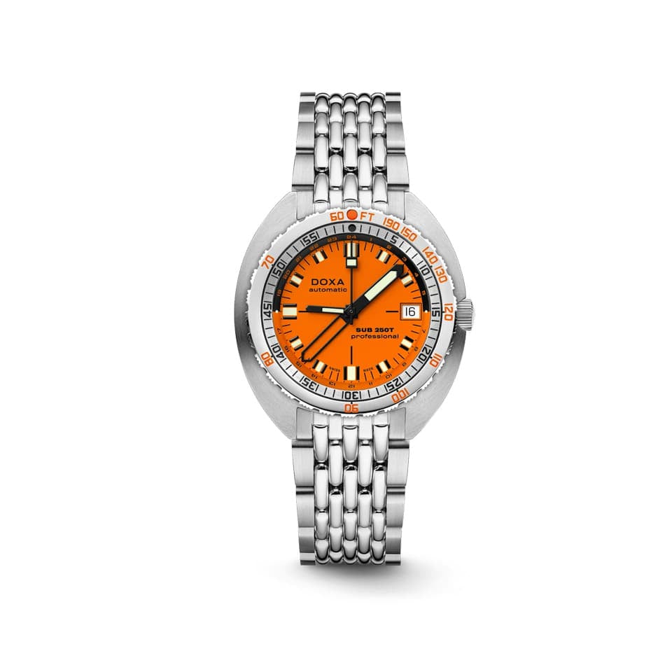DOXA SUB 250T GMT Professional 40mm Watch (Ref. 855.10.351.10) — front view showing signature orange dial, skeletonised GMT hand, unidirectional rotating stainless steel bezel, date window, Super-LumiNova indices and hands, and stainless steel beads-of-rice bracelet