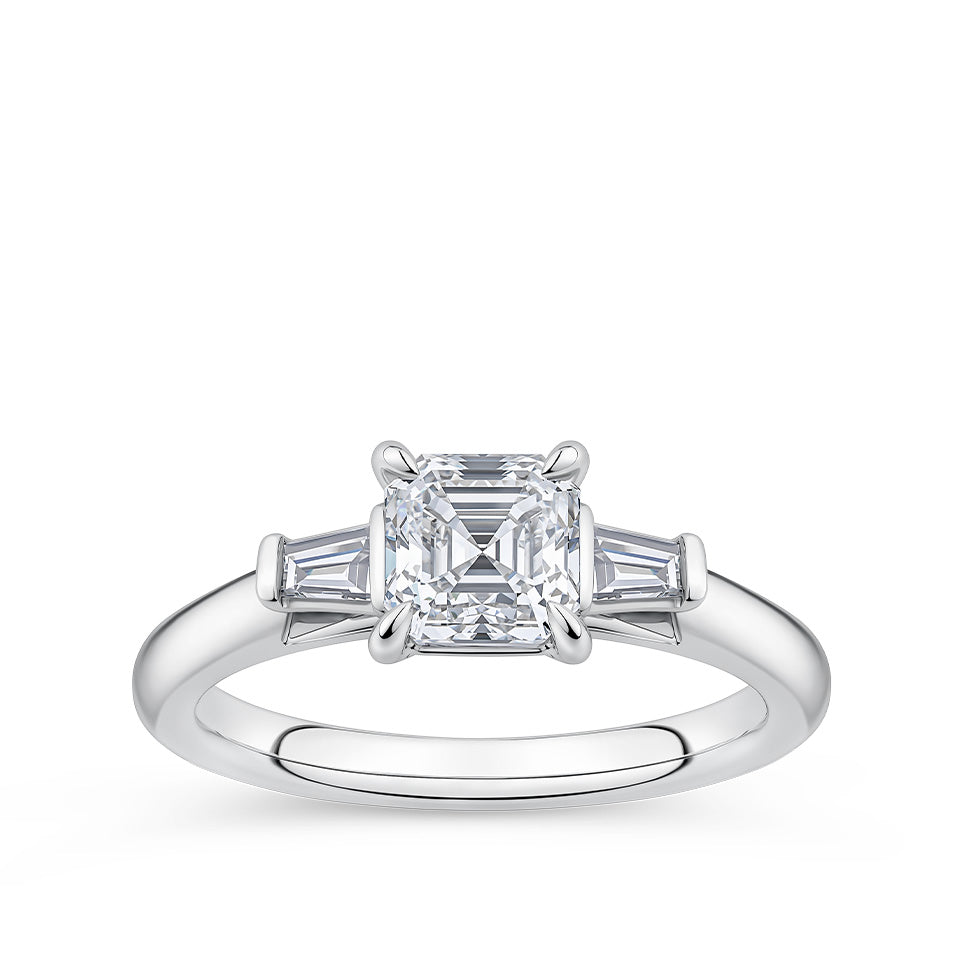 1.08 Carat TW Asscher Cut Diamond and Tapered Baguette Trilogy Ring in 18ct White Gold
