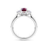 1.33 Carat Ruby and 0.40 Carat TW Diamond Ring in 18ct White Gold — Viewed from the front, the ring showcases its classic trilogy design with the ruby set prominently above a diamond-lined band. The 18ct white gold setting offers a bright, cool contrast to the ruby's deep tone.
