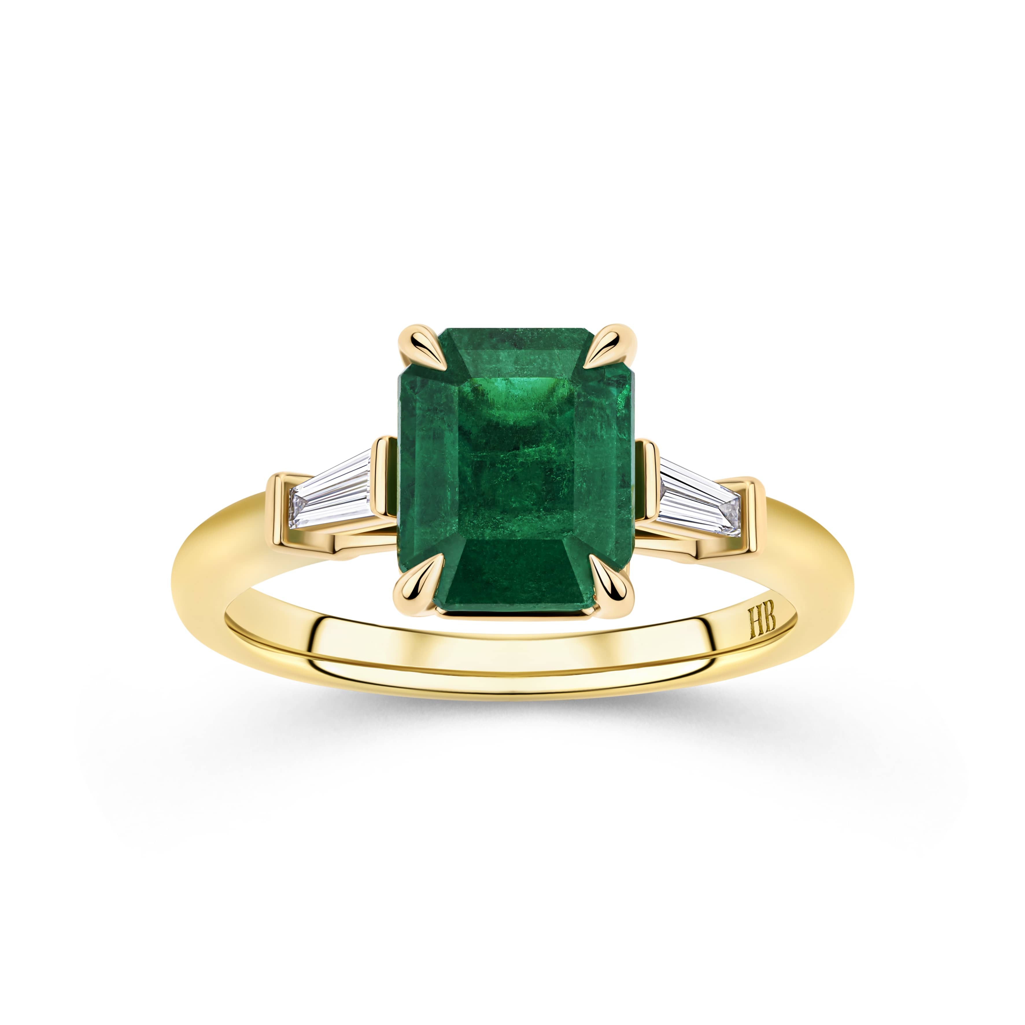 2.09 Carat Colombian Emerald and 0.10 Carat Diamond Trilogy Ring in 18ct Yellow Gold