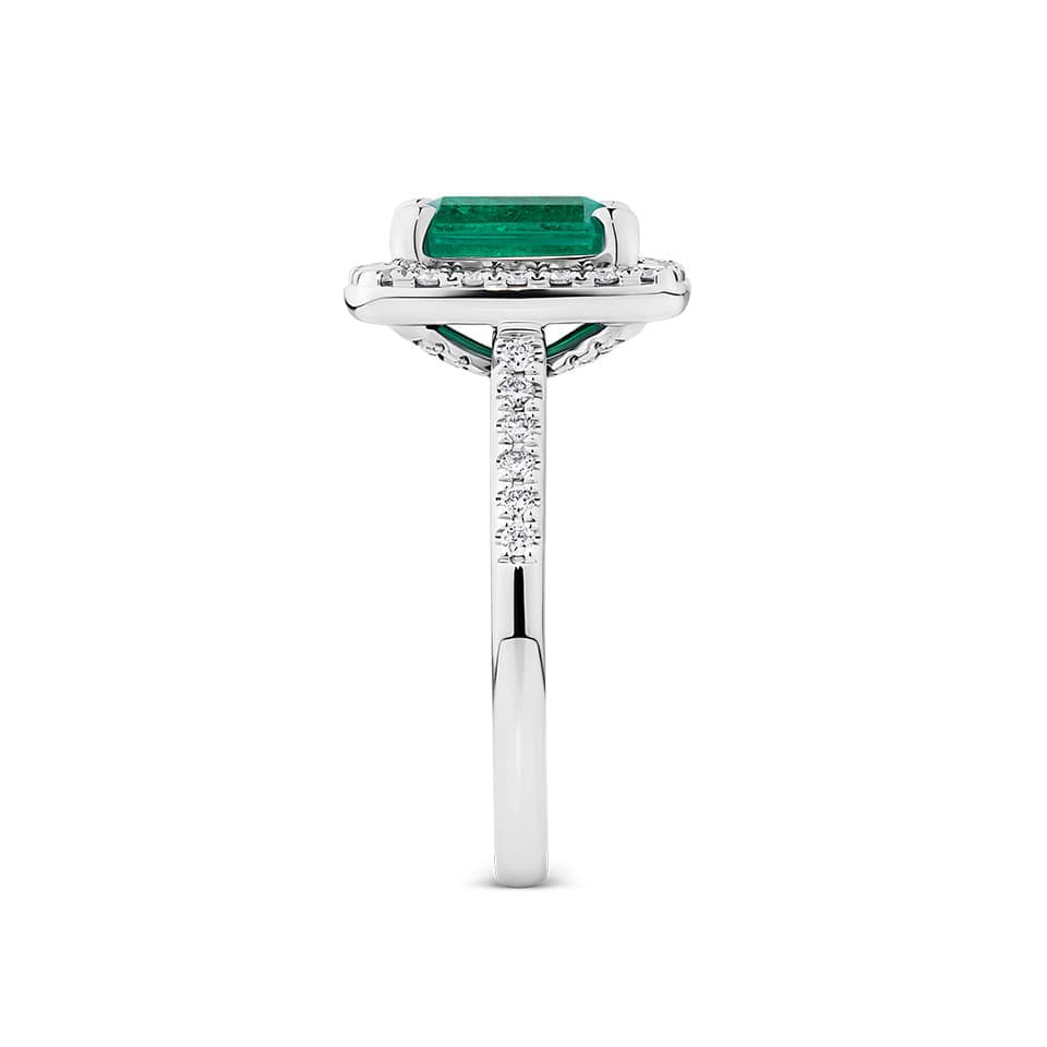 2.59 Carat Emerald and 0.50 Carat TW Diamond Halo Ring in 18ct White Gold