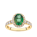 Green Tourmaline Oval and Diamond Halo Ring in 18ct Yellow Gold