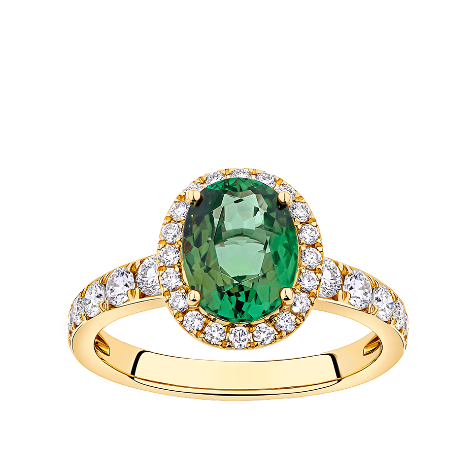 Green Tourmaline Oval and Diamond Halo Ring in 18ct Yellow Gold