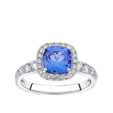 Tanzanite Cushion and Diamond Halo Ring in 18ct White Gold