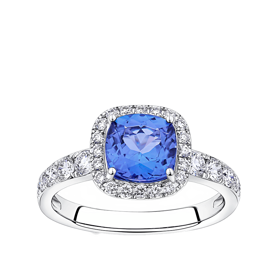 Tanzanite Cushion and Diamond Halo Ring in 18ct White Gold