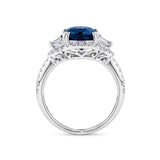 3.16 Carat Sapphire and 0.88 Carat TW Diamond Ring in 18ct White Gold — Viewed from the front, the ring showcases its layered design with the certified cushion-cut sapphire set above a diamond halo and diamond-lined band. The 18ct white gold setting provides a cool, polished contrast.