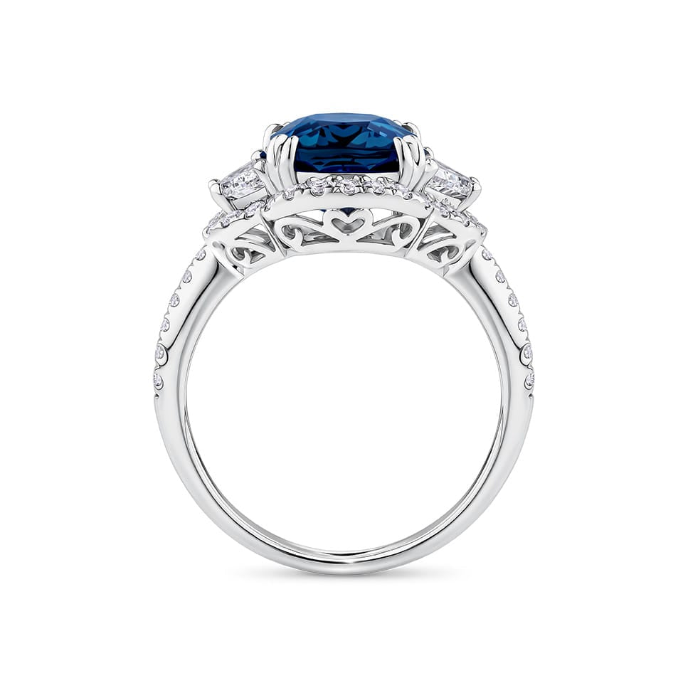 3.16 Carat Sapphire and 0.88 Carat TW Diamond Ring in 18ct White Gold — Viewed from the front, the ring showcases its layered design with the certified cushion-cut sapphire set above a diamond halo and diamond-lined band. The 18ct white gold setting provides a cool, polished contrast.