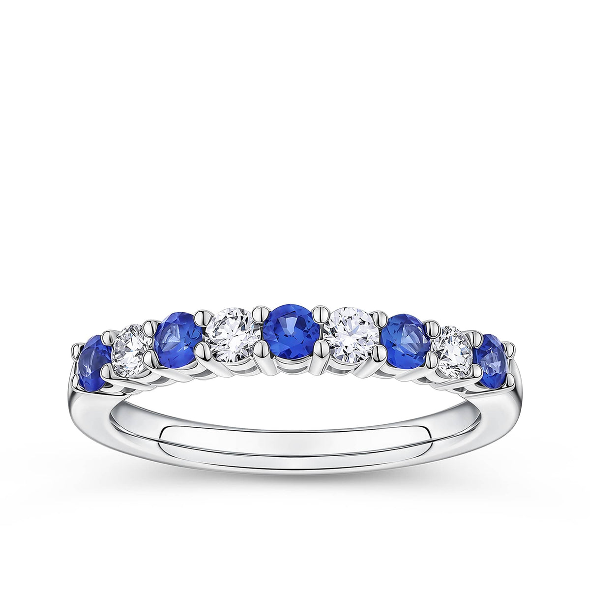 Sapphire and Diamond Ring in 18ct white gold from Hardy Brothers Jewellers, shown front-on with its alternating sapphire and diamond row.
