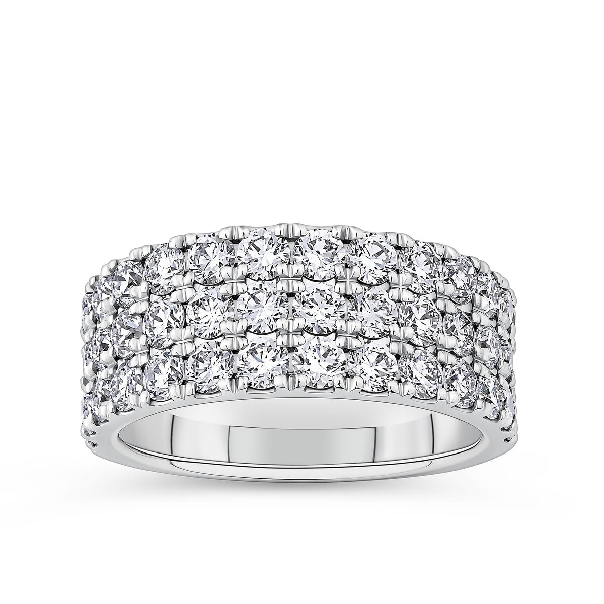 Quintessential 3.00 Carat Diamond Ring in 18ct white gold from Hardy Brothers Jewellers, shown front-on with its triple-row diamond design.