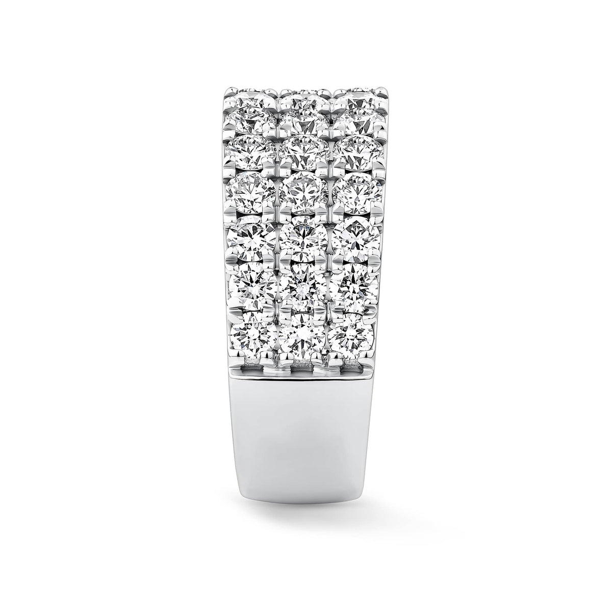 Close-up detail of the Quintessential Diamond Ring in 18ct white gold by Hardy Brothers, highlighting the round brilliant cut diamonds across the three rows.